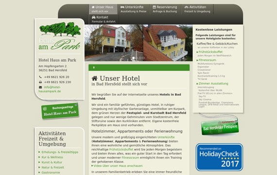 Screenshot der Internetseite: Hotel Haus am Park