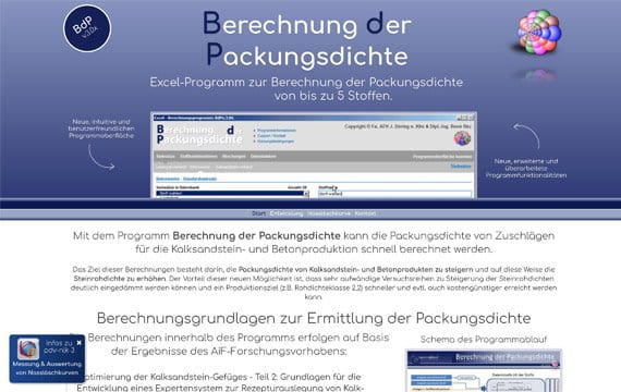 Screenshot der Internetseite: Berechnung der Packungsdichte